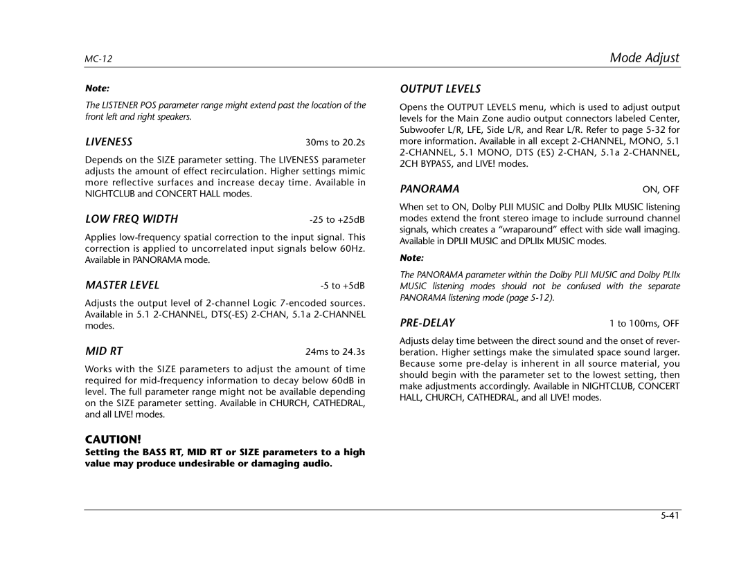 Lexicon MC-12 manual Liveness, LOW Freq Width, Master Level, Mid Rt, Output Levels, Panorama, Pre-Delay 