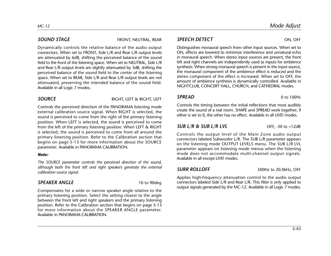 Lexicon MC-12 manual Sound Stage, Source, Speaker Angle, Speech Detect, Spread, Sub L/R & Sub L/R Lvl, Surr Rolloff 