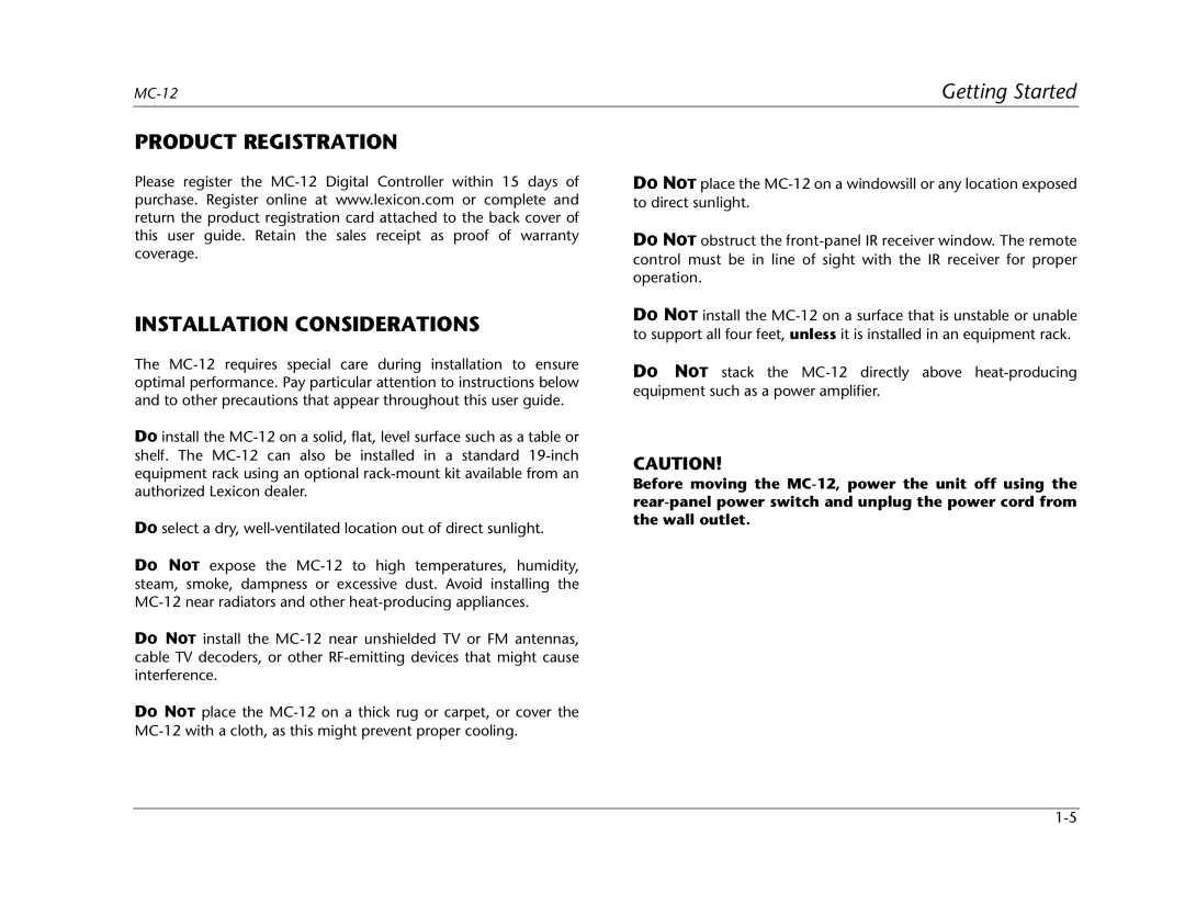 Lexicon MC-12 manual Product Registration Installation Considerations 