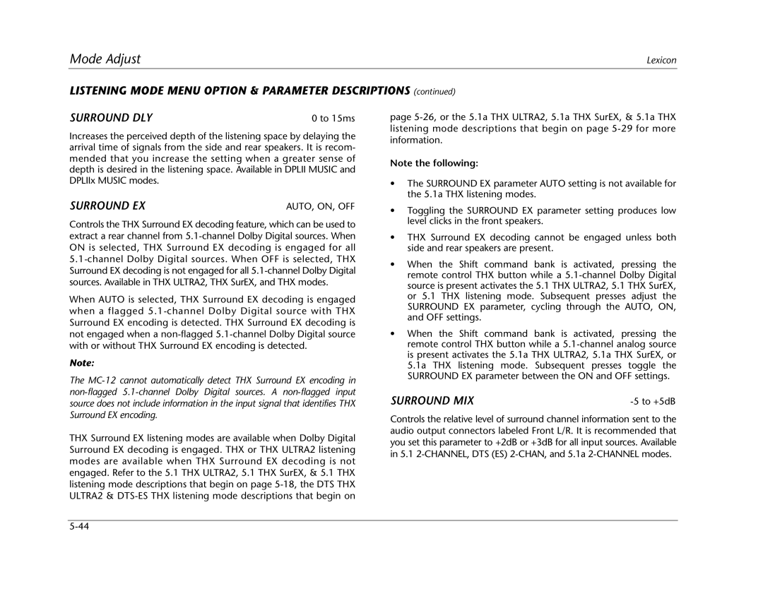Lexicon MC-12 manual Surround DLY, Surround EX, Surround MIX 