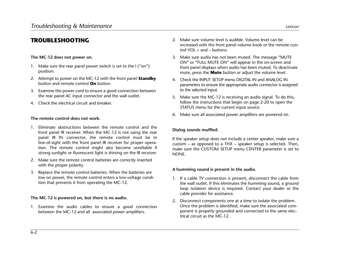 Lexicon MC-12 manual Troubleshooting 