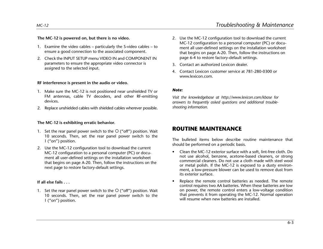 Lexicon manual Routine Maintenance, MC-12 is powered on, but there is no video, MC-12 is exhibiting erratic behavior 