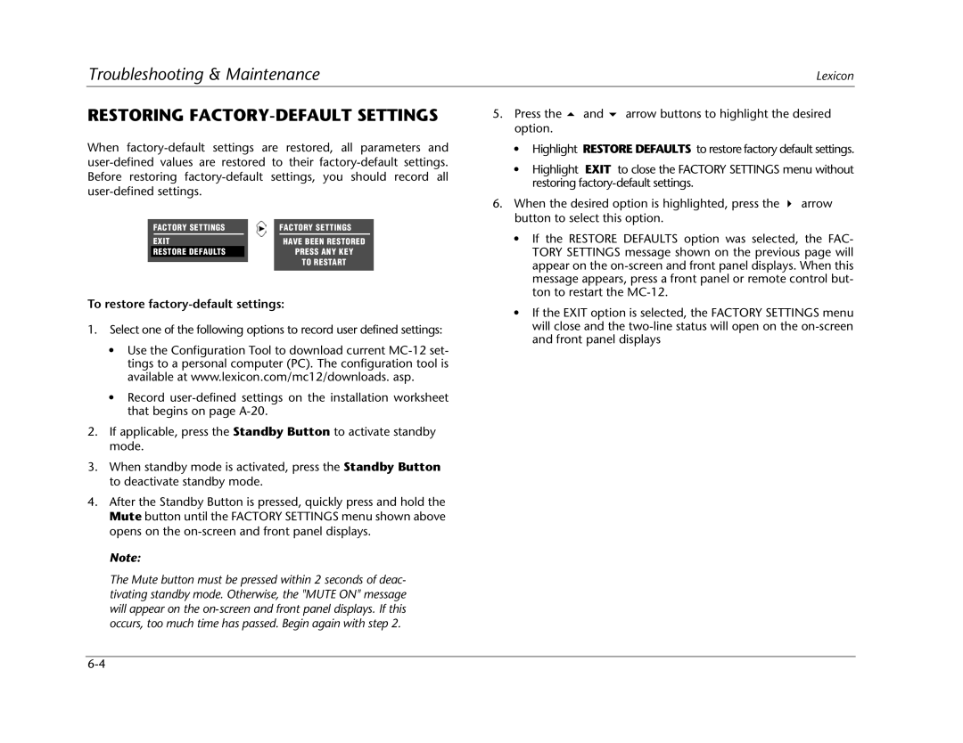 Lexicon MC-12 manual Restoring FACTORY-DEFAULT Settings, To restore factory-default settings 