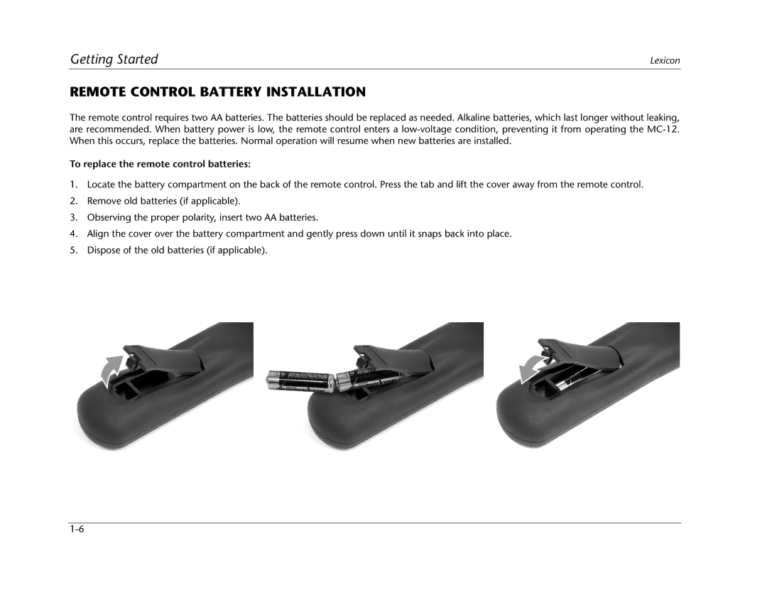 Lexicon MC-12 manual Remote Control Battery Installation, To replace the remote control batteries 