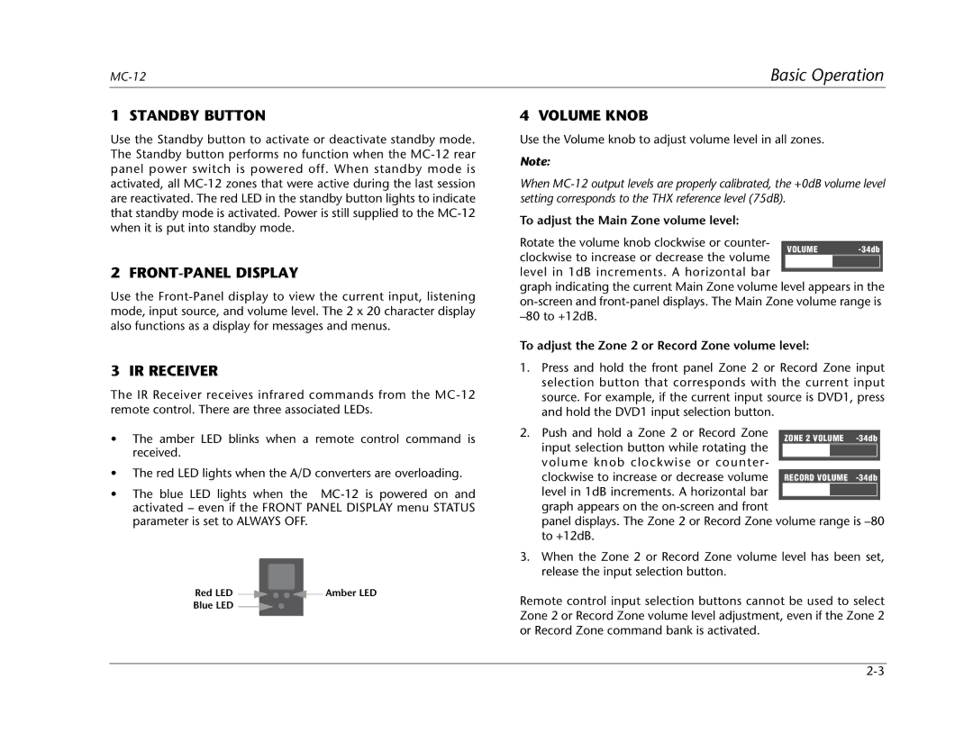 Lexicon MC-12 manual Standby Button, FRONT-PANEL Display, IR Receiver, Volume Knob 
