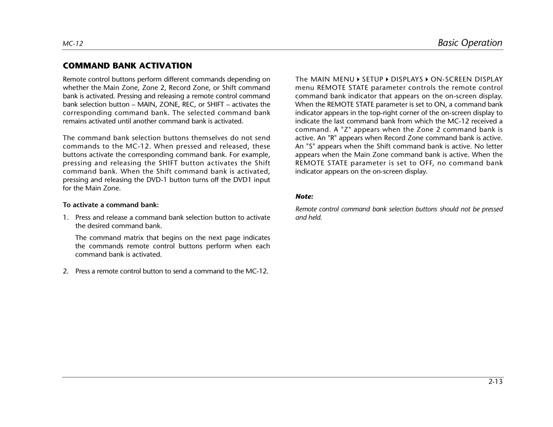 Lexicon MC-12 manual Command Bank Activation, To activate a command bank 