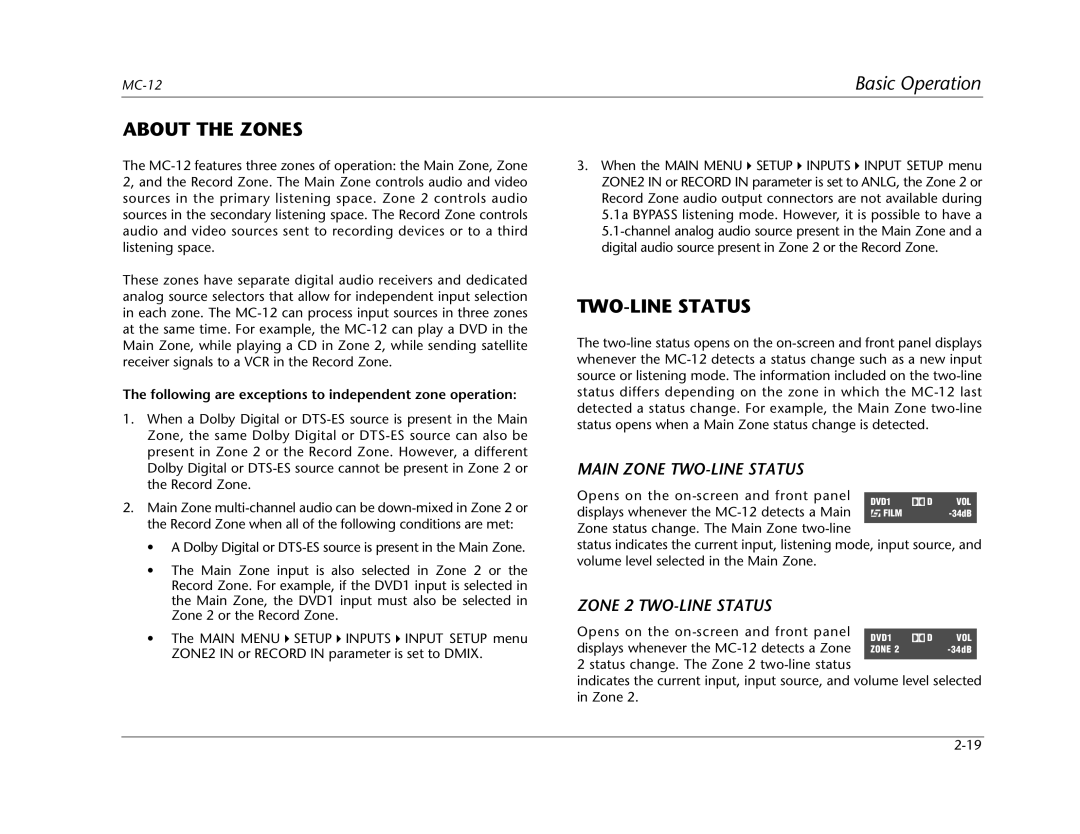 Lexicon MC-12 manual About the Zones, Main Zone TWO-LINE Status, Zone 2 TWO-LINE Status 