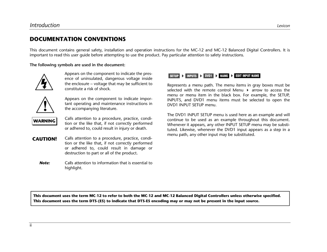 Lexicon MC-12 manual Documentation Conventions, Following symbols are used in the document 