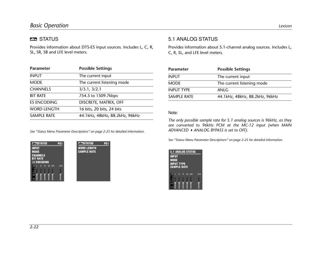 Lexicon MC-12 manual Analog Status, Mode, ES Encoding DISCRETE, MATRIX, OFF Word Length, Input Type Anlg Sample Rate 