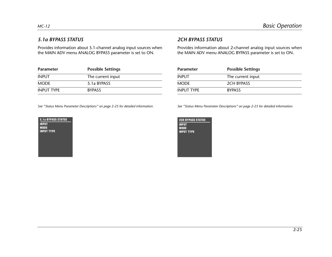 Lexicon MC-12 manual 2CH Bypass Status, Input Type Bypass, Mode 2CH Bypass Input Type 