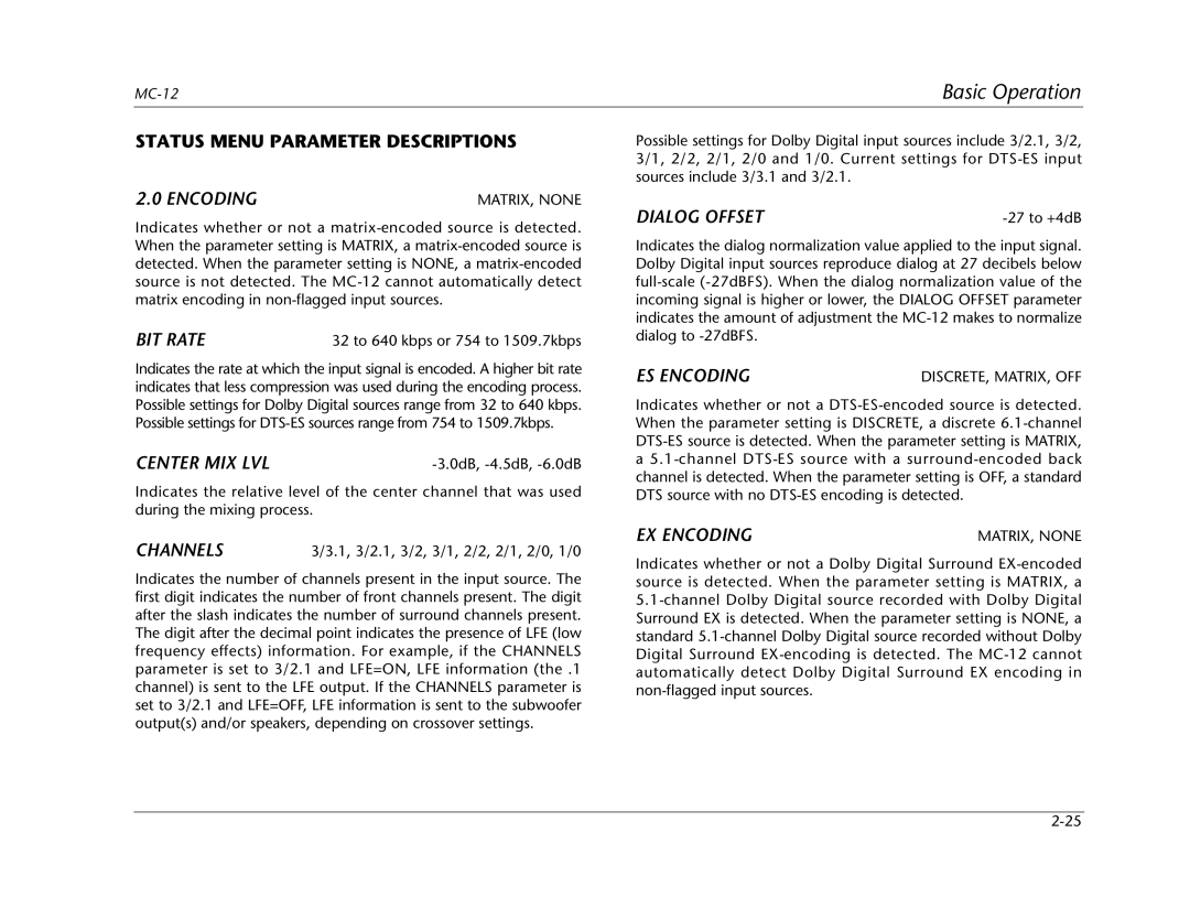 Lexicon MC-12 manual BIT Rate, Center MIX LVL, Channels, Dialog Offset, ES Encoding, EX Encoding 