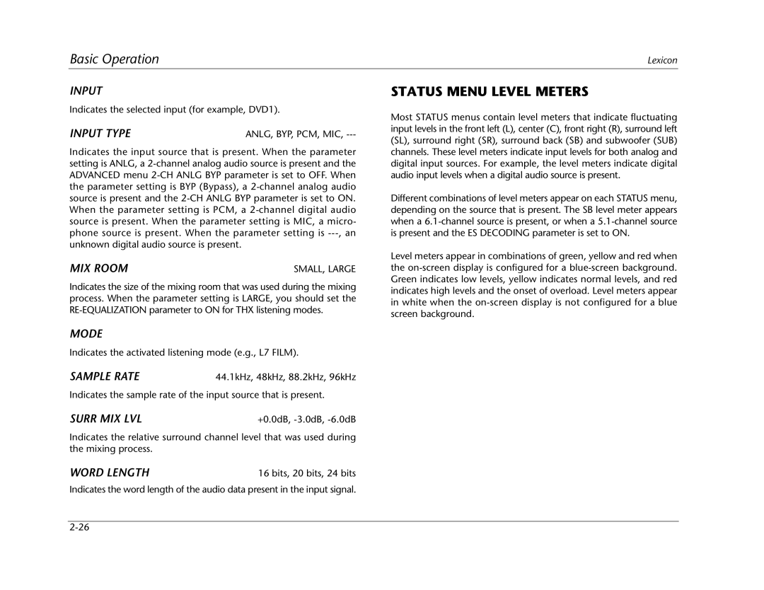 Lexicon MC-12 manual Status Menu Level Meters 