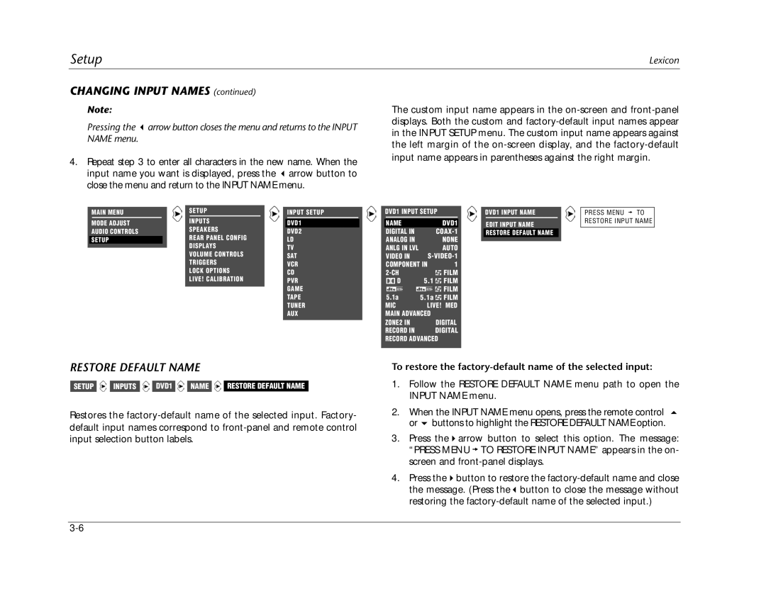 Lexicon MC-12 manual Restore Default Name, To restore the factory-default name of the selected input 