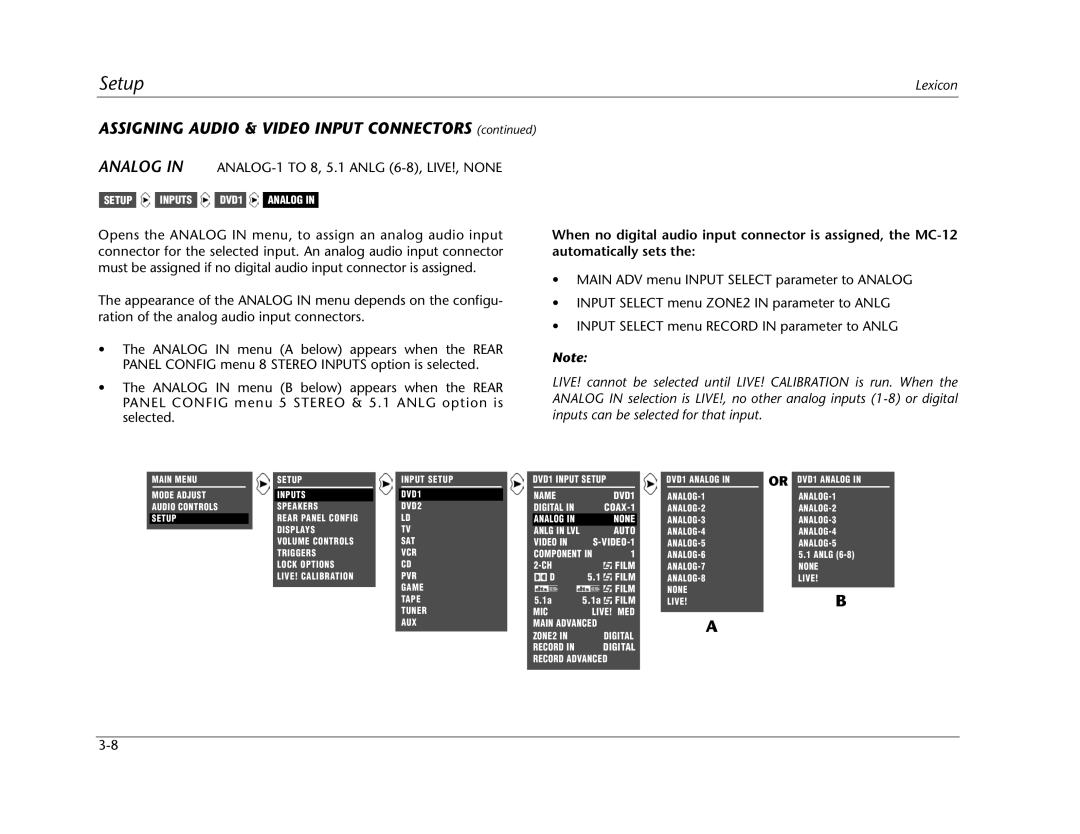 Lexicon MC-12 manual Assigning Audio & Video Input Connectors, Analog in ANALOG-1 to 8, 5.1 Anlg 6-8, LIVE!, None 