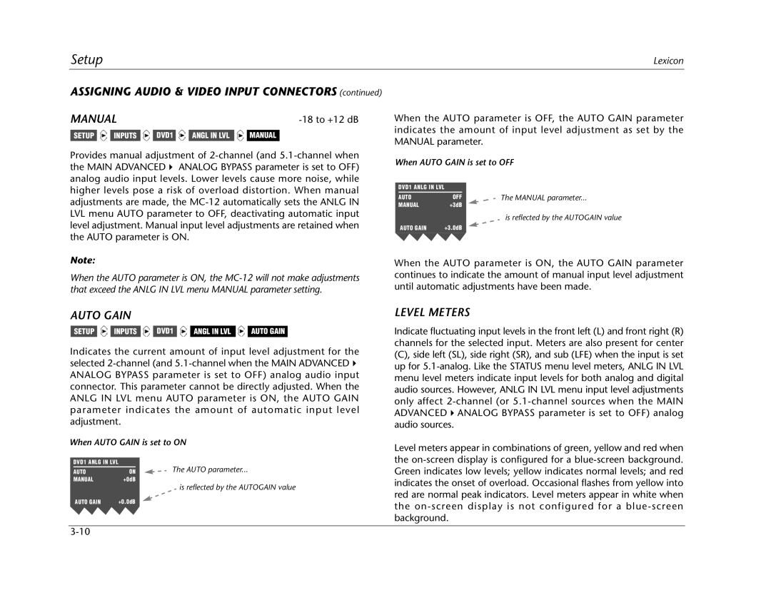 Lexicon MC-12 manual Manual, Auto Gain Level Meters 