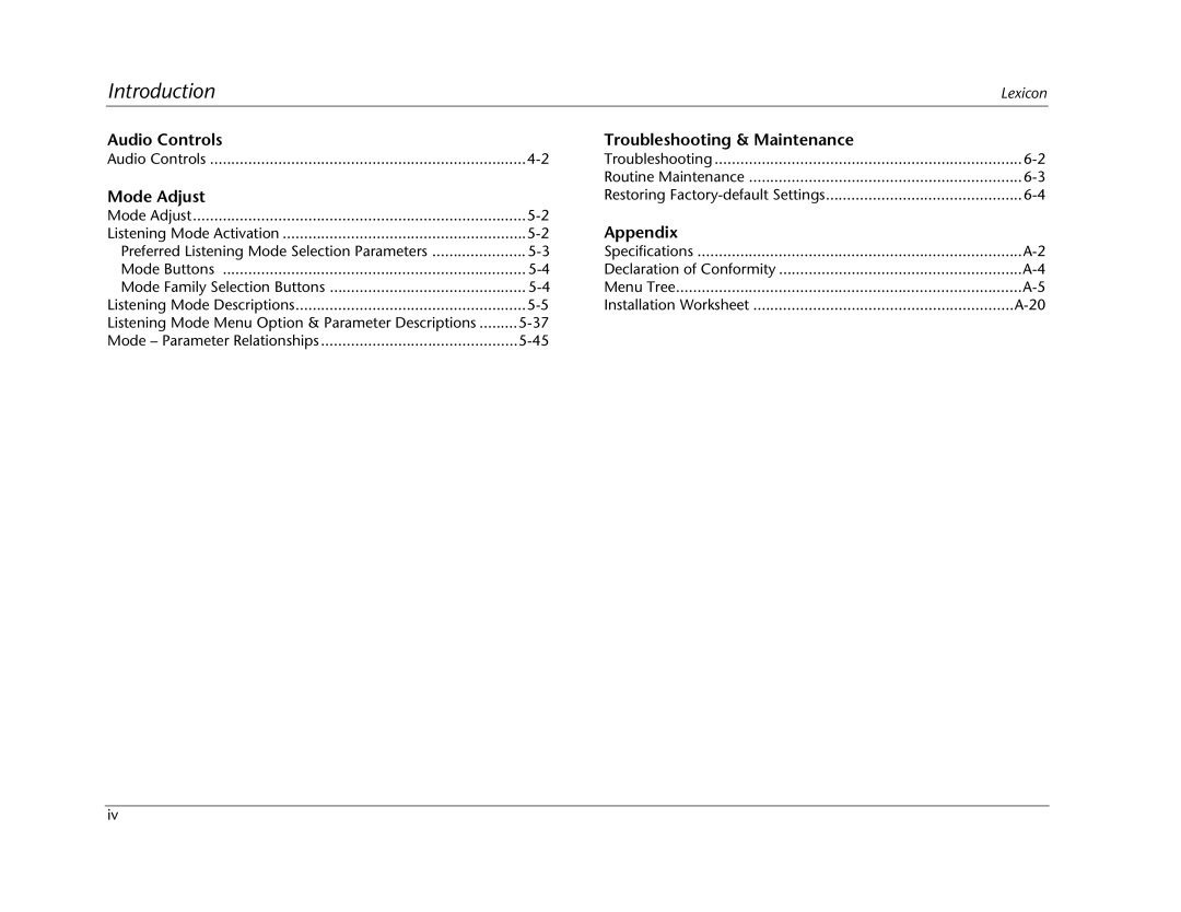 Lexicon MC-12 manual Audio Controls Troubleshooting & Maintenance 