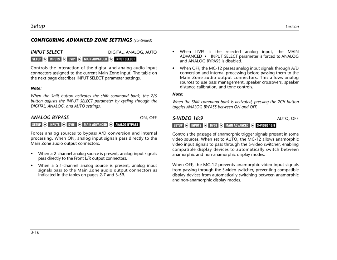 Lexicon MC-12 manual Configuring Advanced Zone Settings, Analog Bypass 