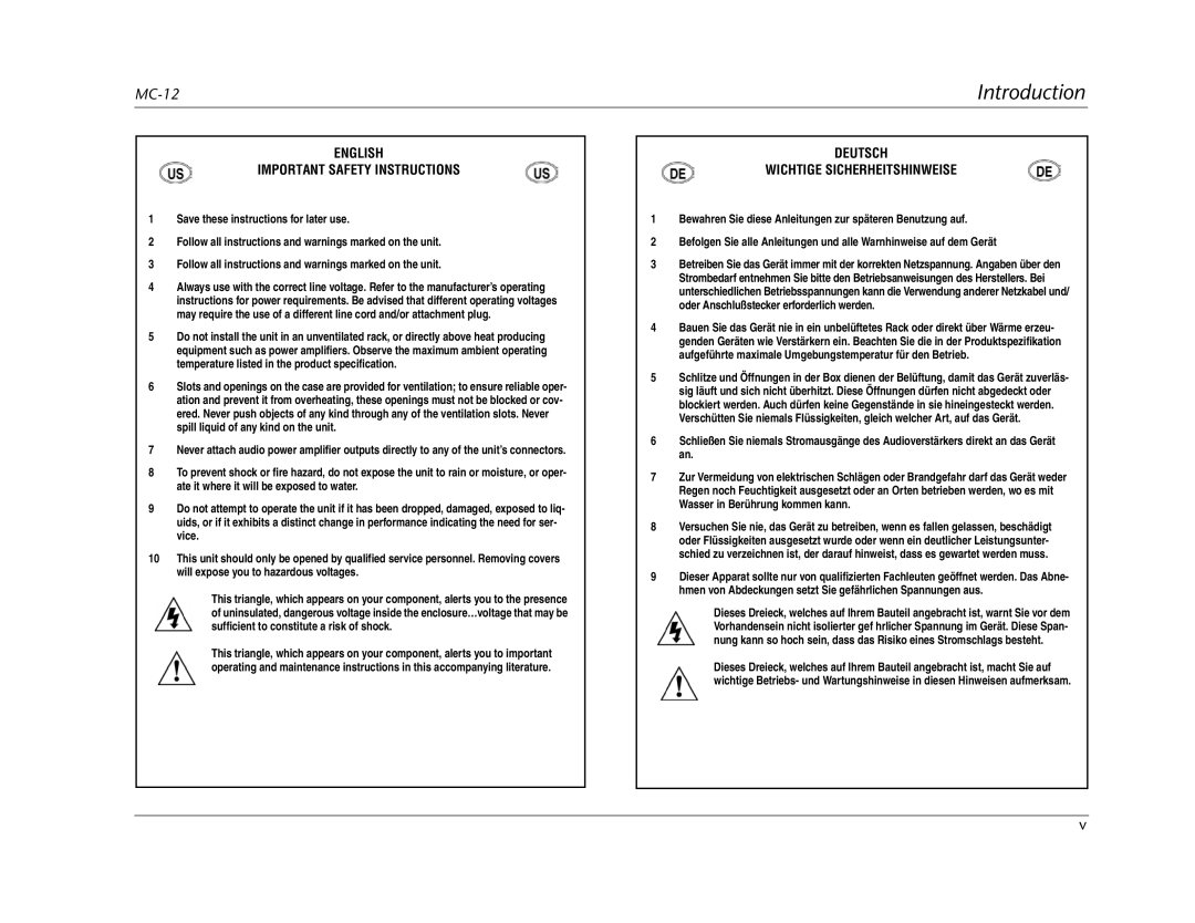 Lexicon MC-12 manual English Important Safety Instructions 