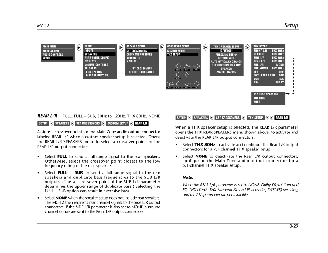 Lexicon MC-12 manual Rear L/R FULL, Full + SUB, 30Hz to 120Hz, THX 80Hz, None 