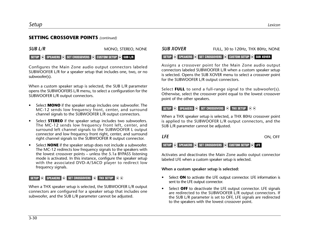 Lexicon MC-12 manual Sub L/R, SUB Xover, Lfe, When a custom speaker setup is selected 