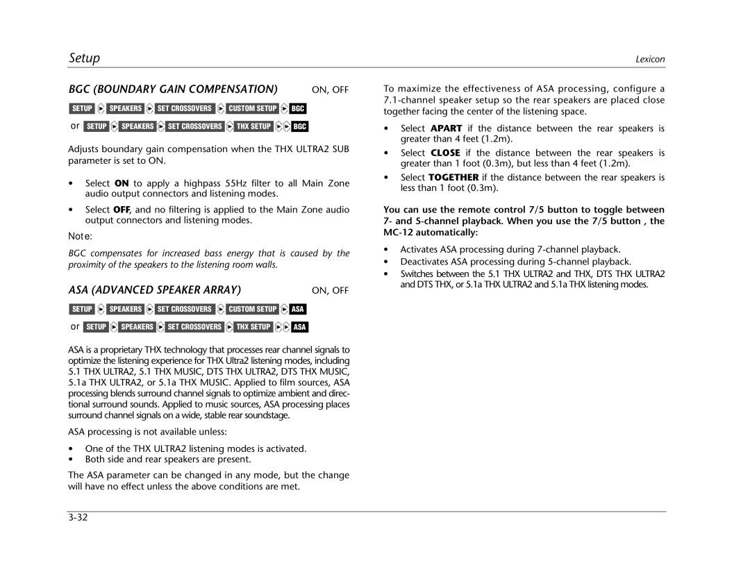 Lexicon MC-12 manual BGC Boundary Gain Compensation, ASA Advanced Speaker Array 