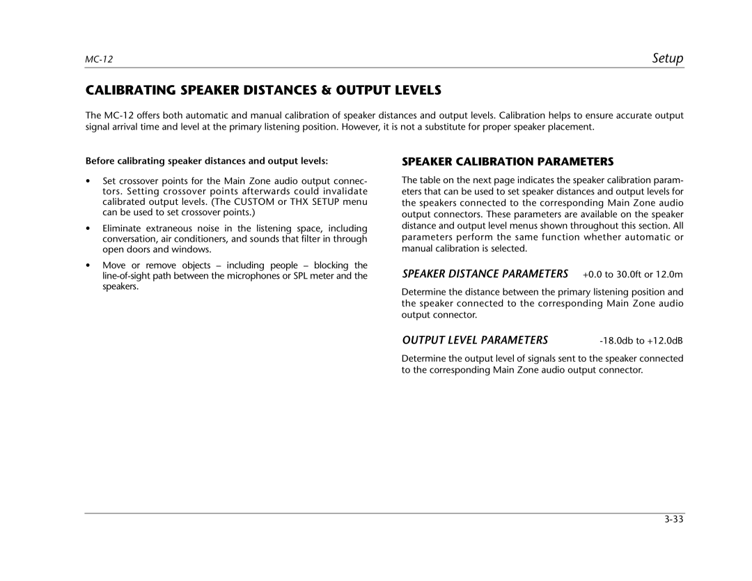 Lexicon MC-12 manual Calibrating Speaker Distances & Output Levels, Speaker Calibration Parameters, Output Level Parameters 