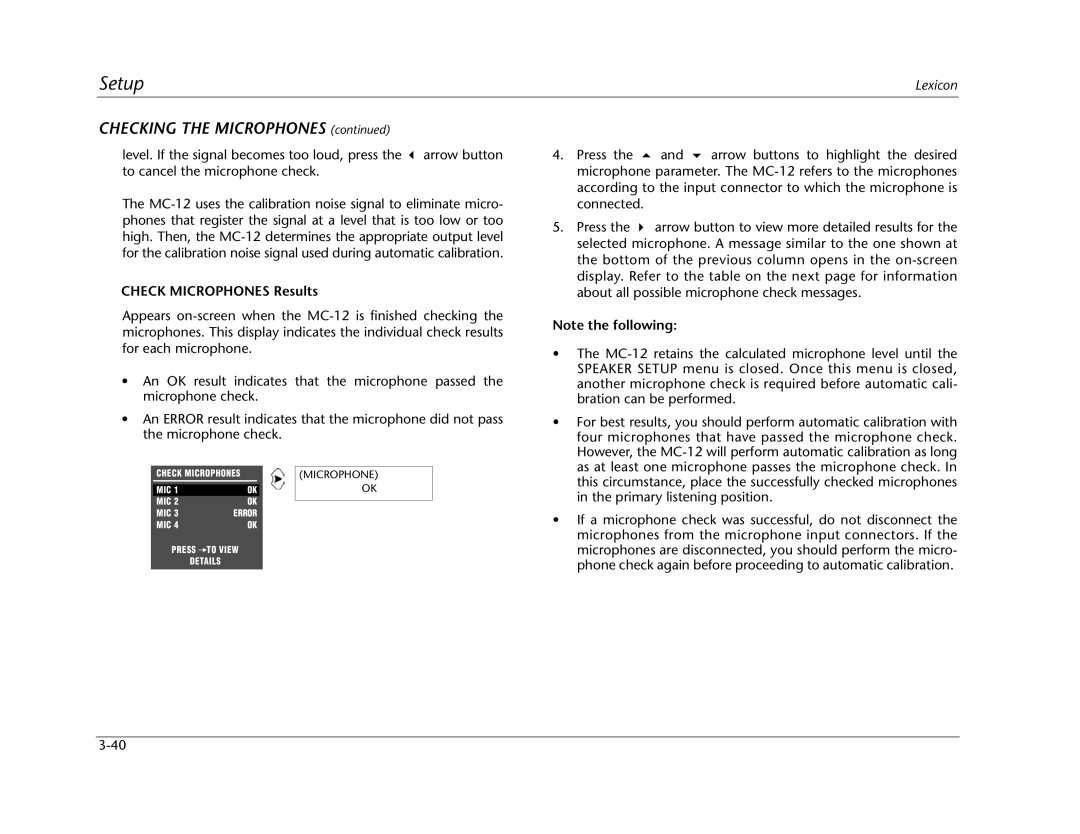 Lexicon MC-12 manual Checking the Microphones, Check Microphones Results 