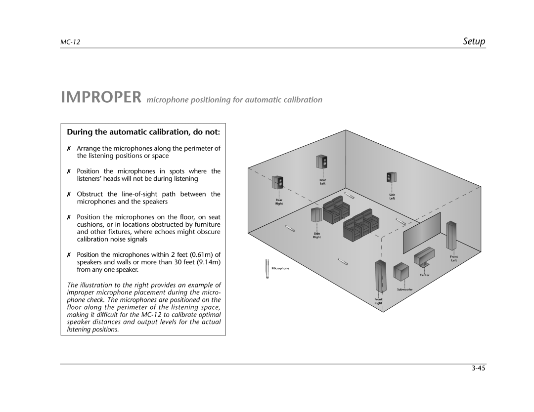 Lexicon MC-12 manual Improper microphone positioning for automatic calibration, During the automatic calibration, do not 