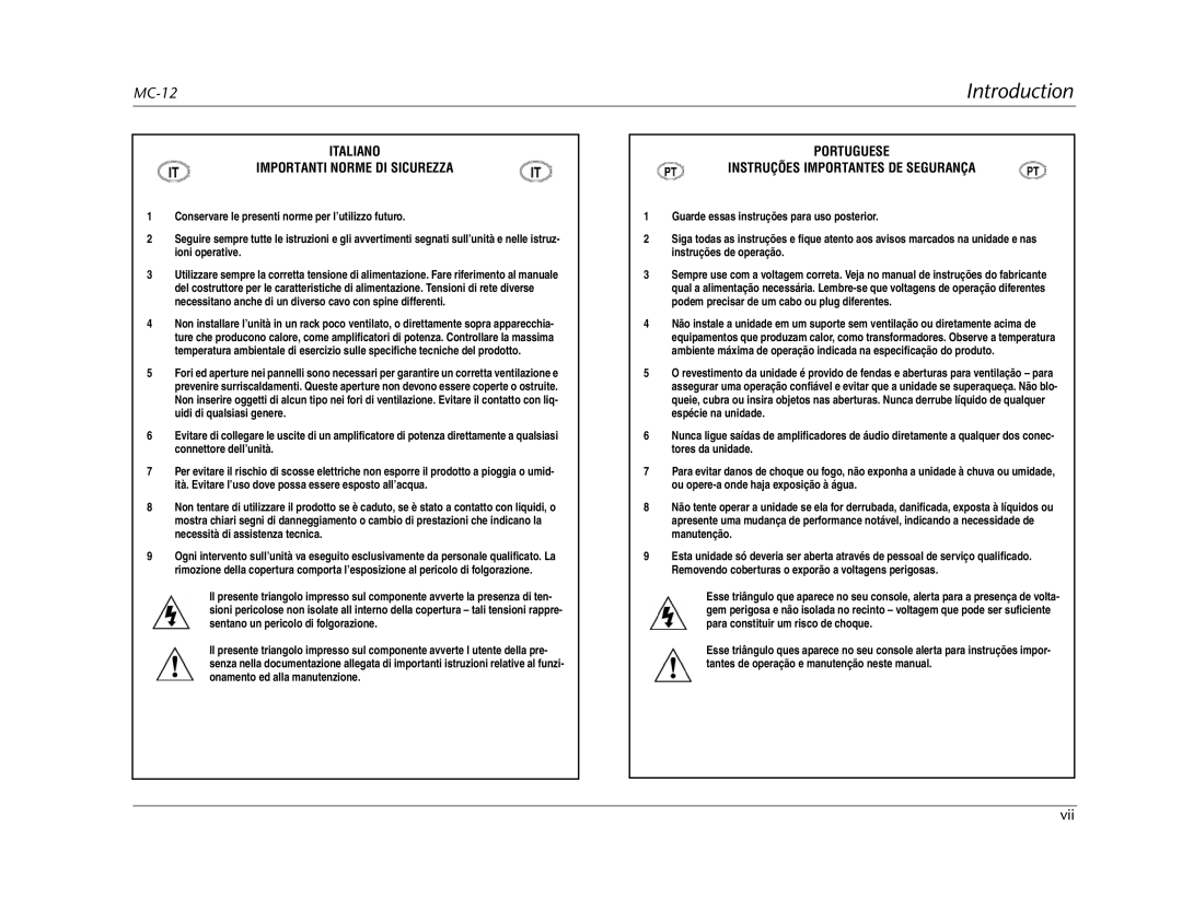 Lexicon MC-12 manual Italiano Importanti Norme DI Sicurezza 