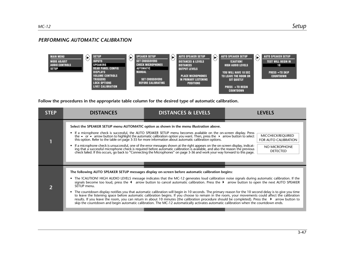 Lexicon MC-12 manual Performing Automatic Calibration, SET Crossovers Before Calibrating Auto Speaker Setup 