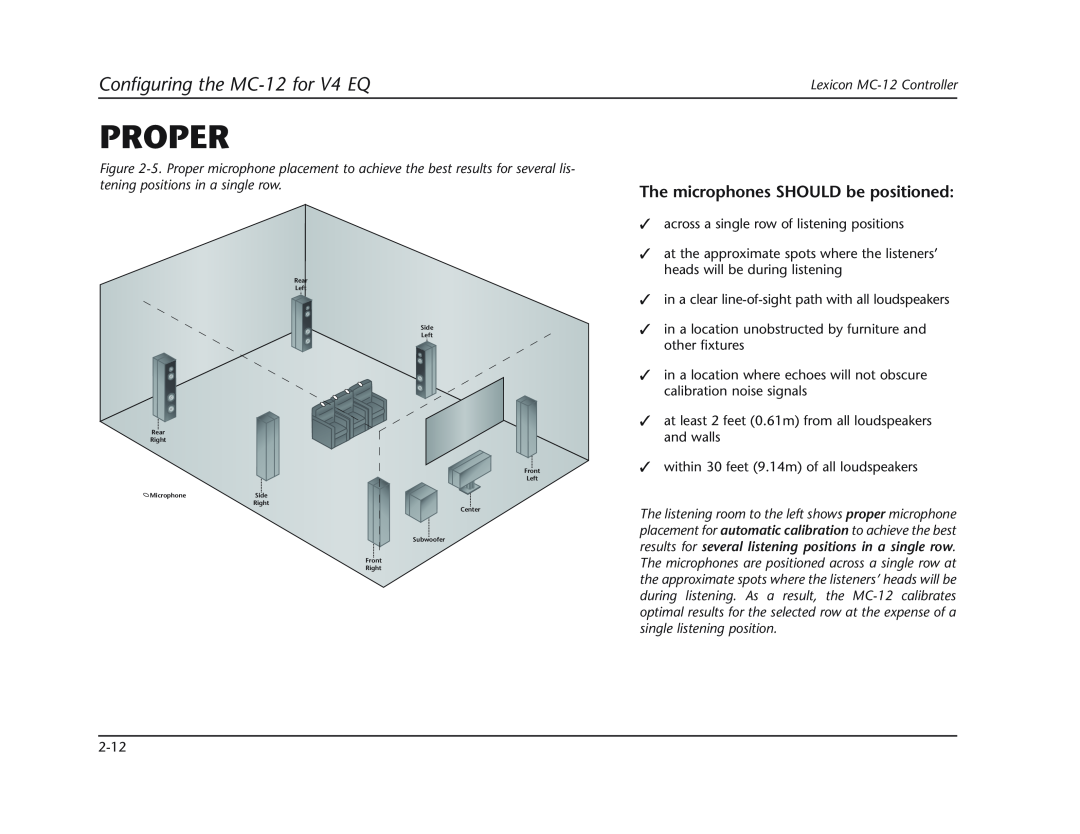 Lexicon manual Proper, Configuring the MC-12for V4 EQ, The microphones SHOULD be positioned, Lexicon MC-12Controller 