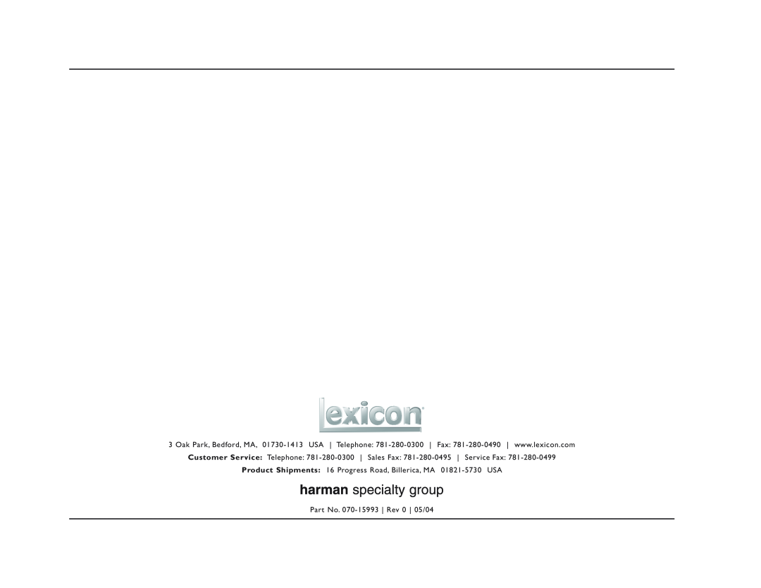Lexicon MC-12 manual Part No. 070-15993 Rev 0 05/04 