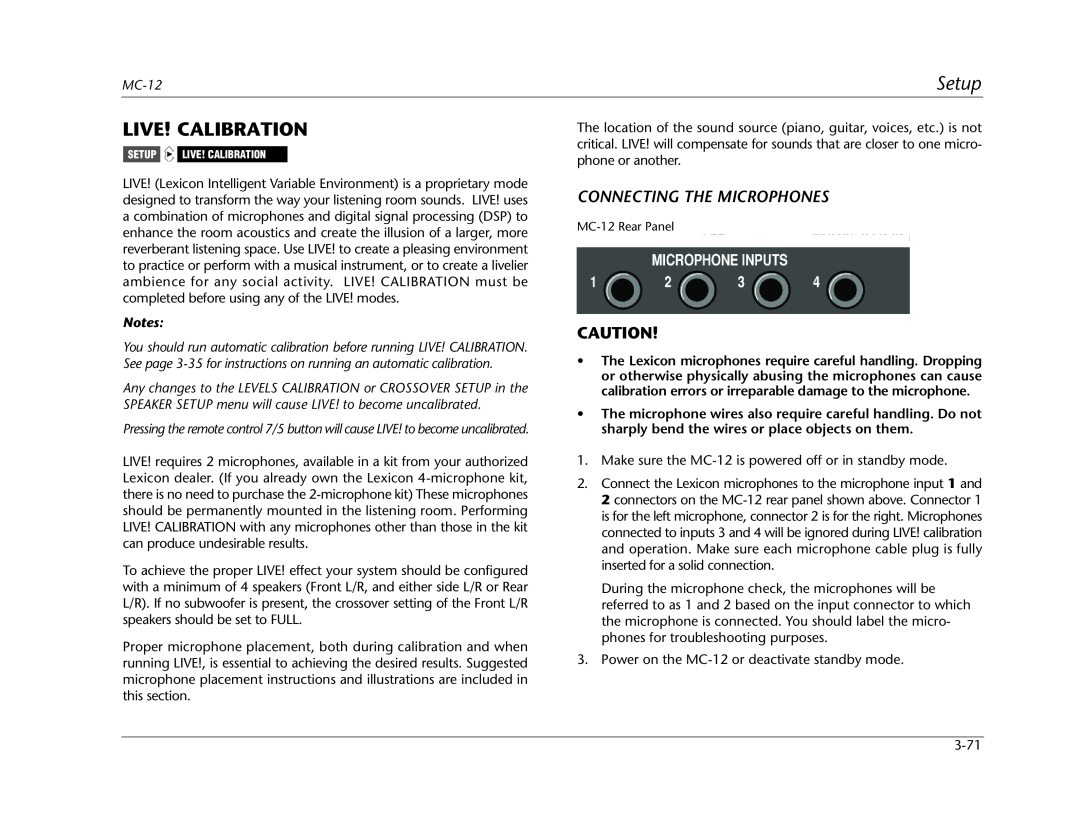 Lexicon MC-12 manual Live! Calibration, Setup, Notes 