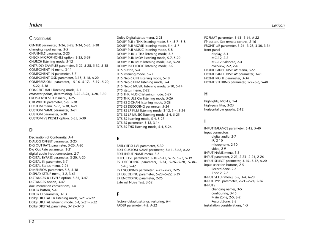 Lexicon MC-12 manual Index, Ccontinued 