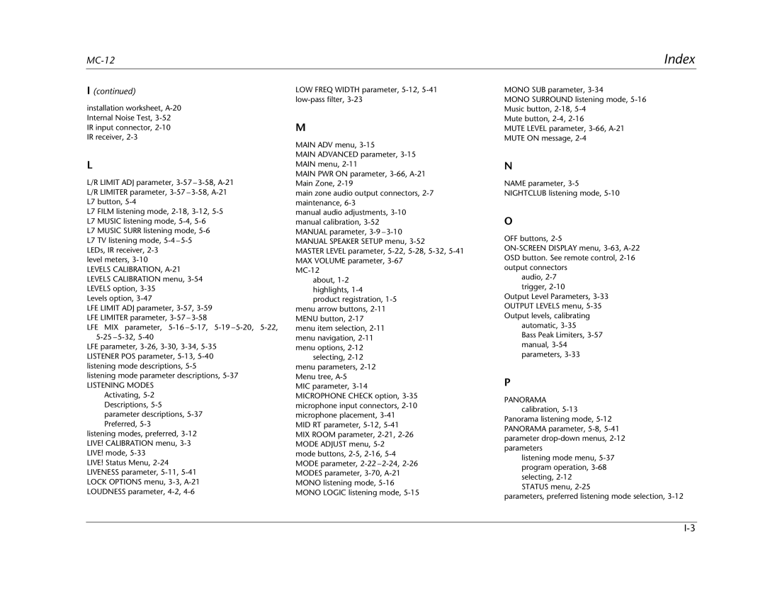 Lexicon MC-12 manual Index, Icontinued 