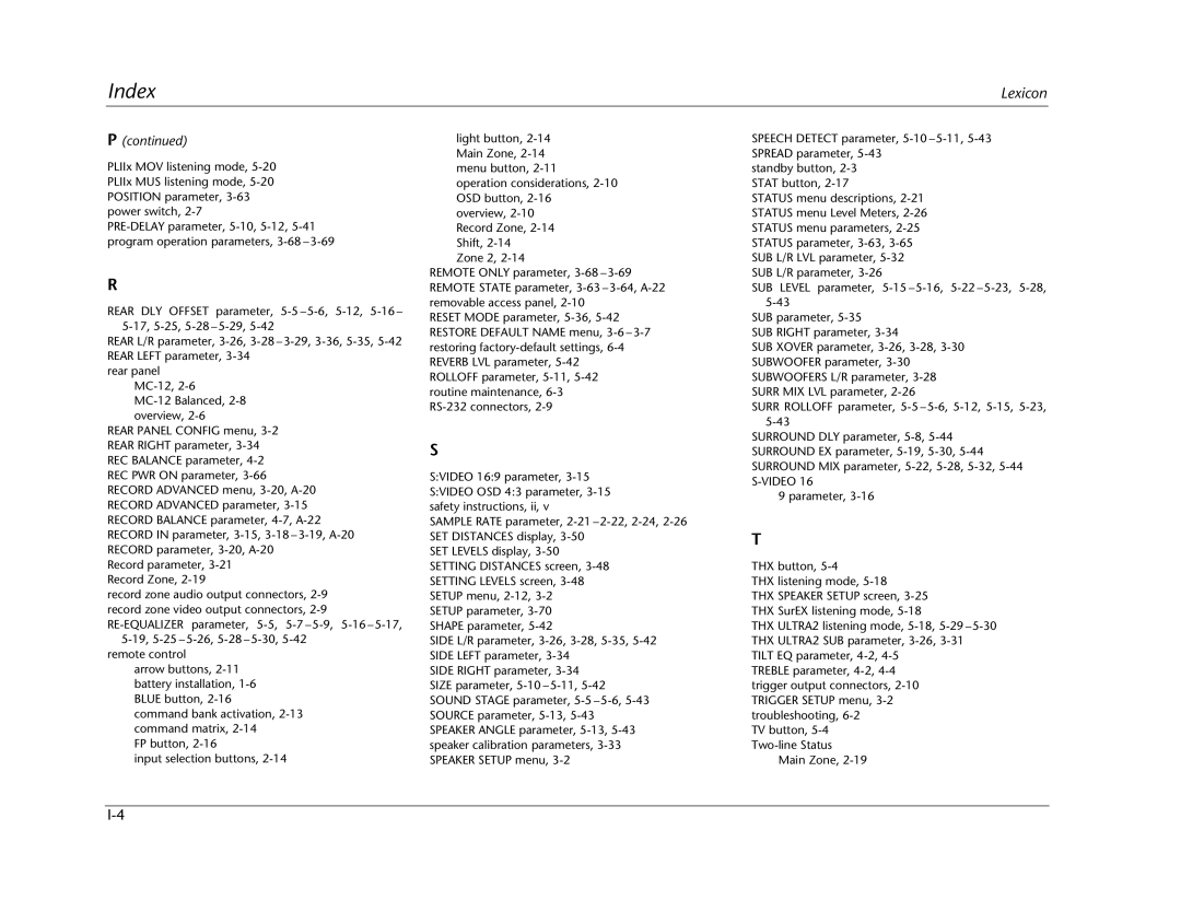 Lexicon MC-12 manual Index, Pcontinued 