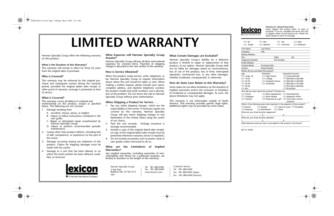 Lexicon MC-12 manual Limited Warranty, Who is Covered?, What is Covered?, What Expenses will Harman Specialty Group Assume? 