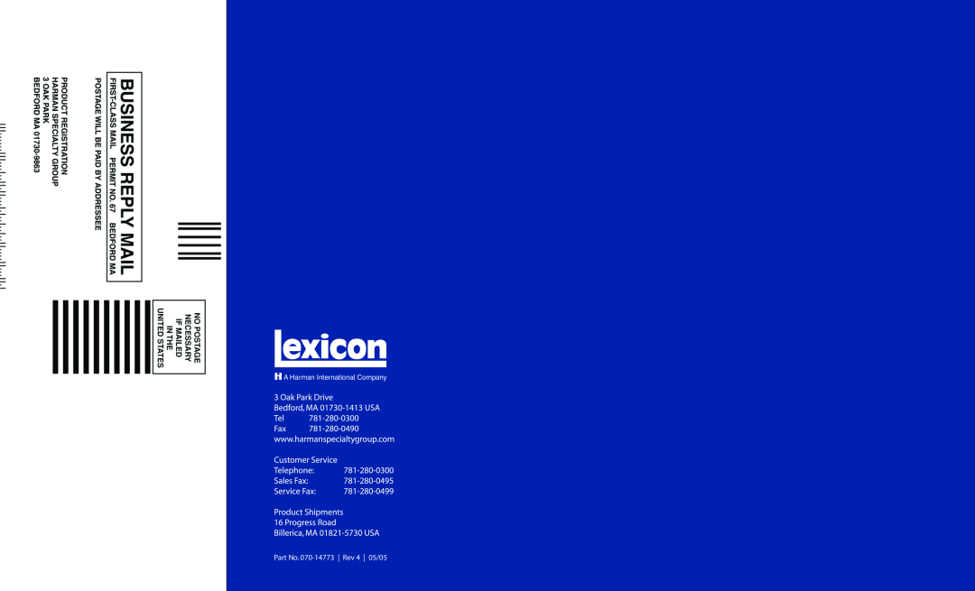 Lexicon MC-12 manual Part No. 070-14773| Rev 4 | 05/05, A Harman International Company 