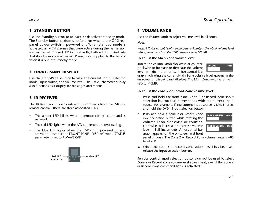 Lexicon MC-12 manual Basic Operation, Standby Button, Front-Paneldisplay, Ir Receiver, Volume Knob 