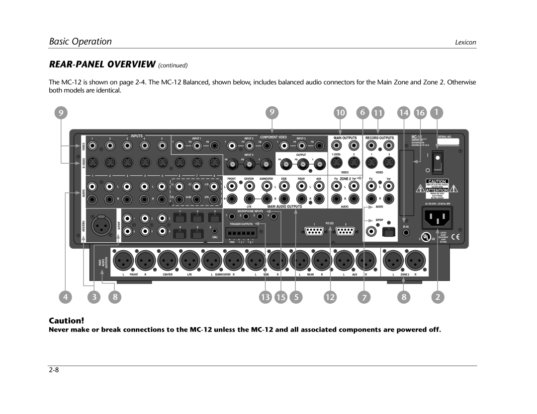 Lexicon MC-12 manual REAR-PANELOVERVIEW continued, Basic Operation 