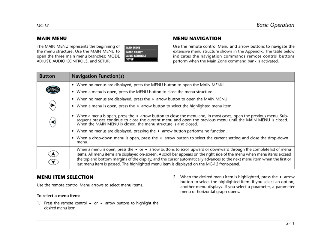Lexicon MC-12 manual Main Menu, Menu Navigation, Button, Navigation Functions, Menu Item Selection, Basic Operation 