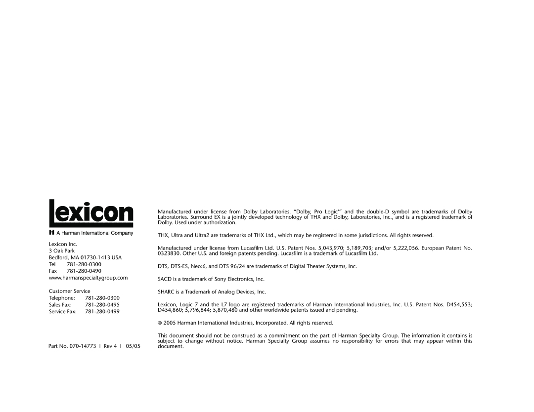 Lexicon MC-12 manual Lexicon Inc 3 Oak Park Bedford, MA 01730-1413USA 