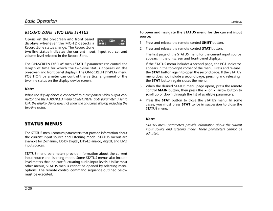 Lexicon MC-12 manual Status Menus, Basic Operation, Record Zone Two-Linestatus 