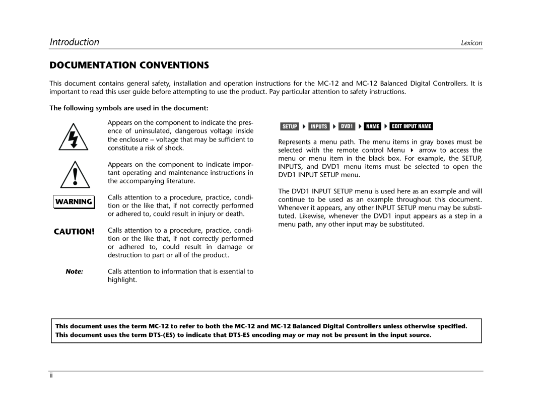 Lexicon MC-12 manual Introduction, Documentation Conventions, The following symbols are used in the document 