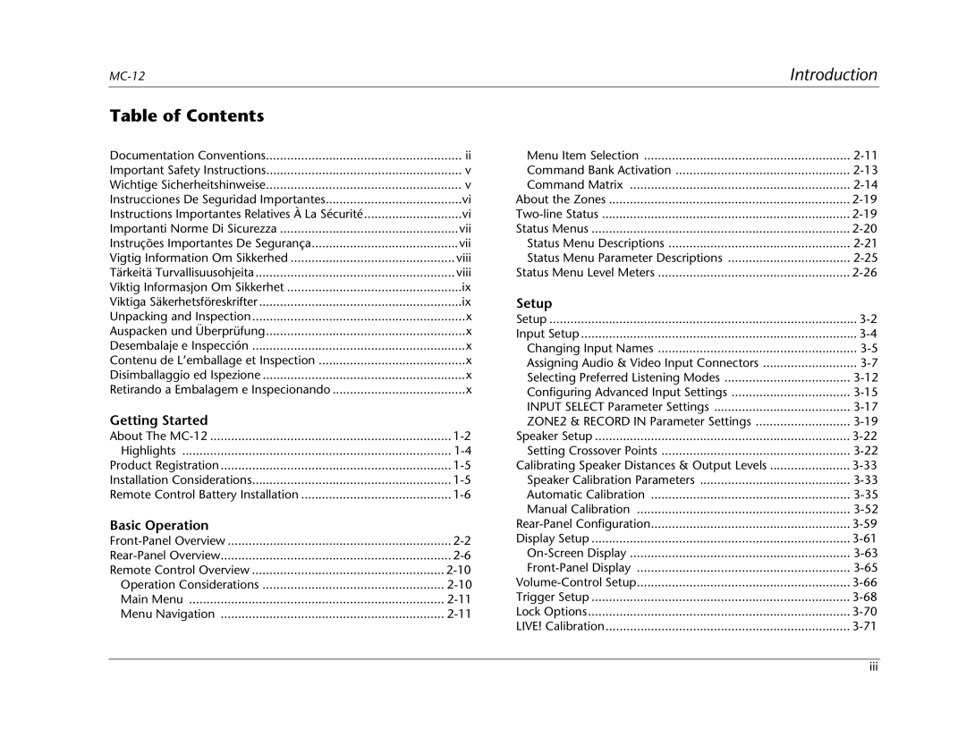 Lexicon MC-12 manual Table of Contents, Introduction, Getting Started, Basic Operation, Setup 