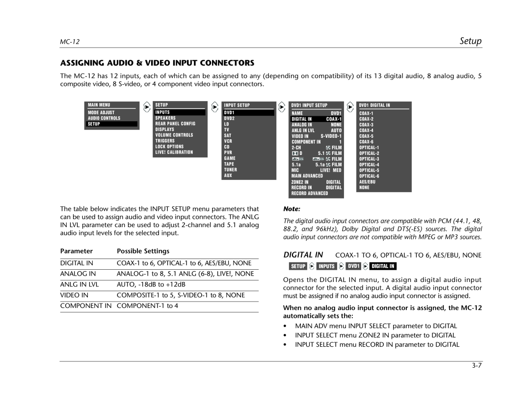 Lexicon MC-12 manual Assigning Audio & Video Input Connectors, Setup, Parameter, Possible Settings 