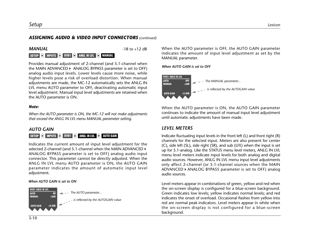 Lexicon MC-12 manual Setup, Manual, Auto Gain, Level Meters 