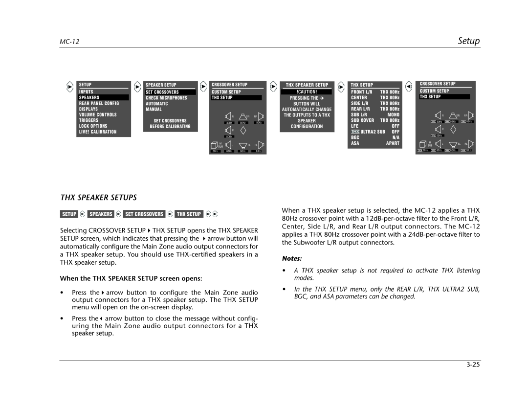Lexicon MC-12 manual Thx Speaker Setups, When the THX SPEAKER SETUP screen opens, Notes 