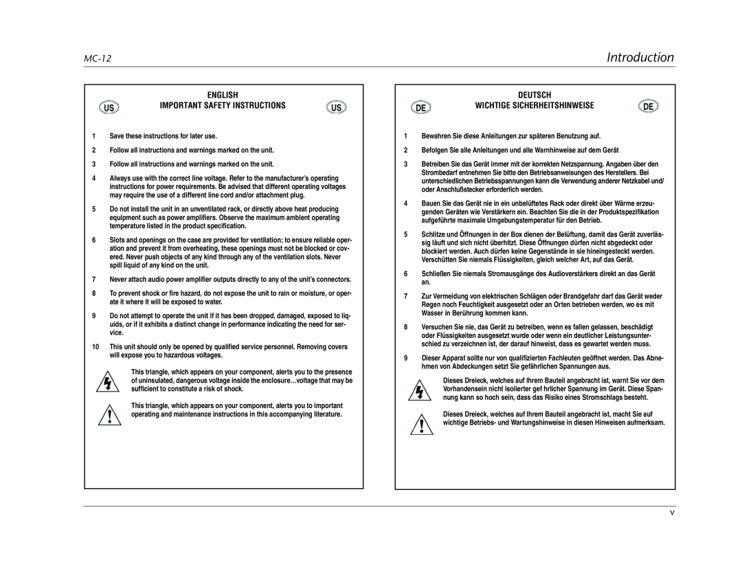Lexicon MC-12 manual Introduction, English Important Safety Instructions, Deutsch Wichtige Sicherheitshinweise 