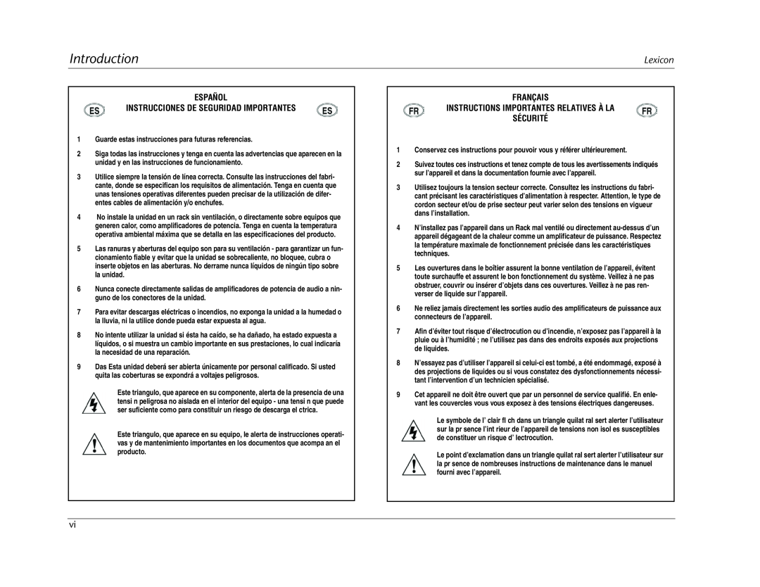 Lexicon MC-12 manual Introduction, Español Instrucciones De Seguridad Importantes, Sécurité 